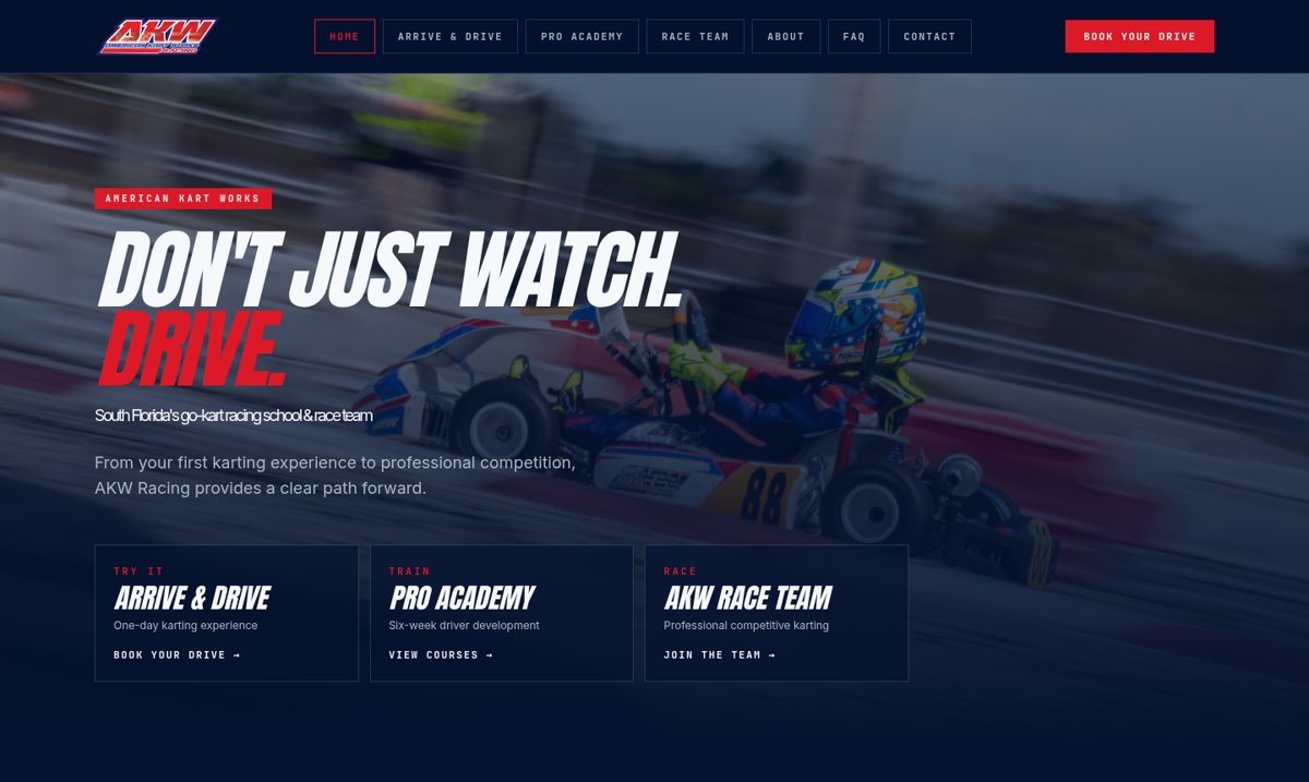 Desktop view of the AKW Racing website homepage