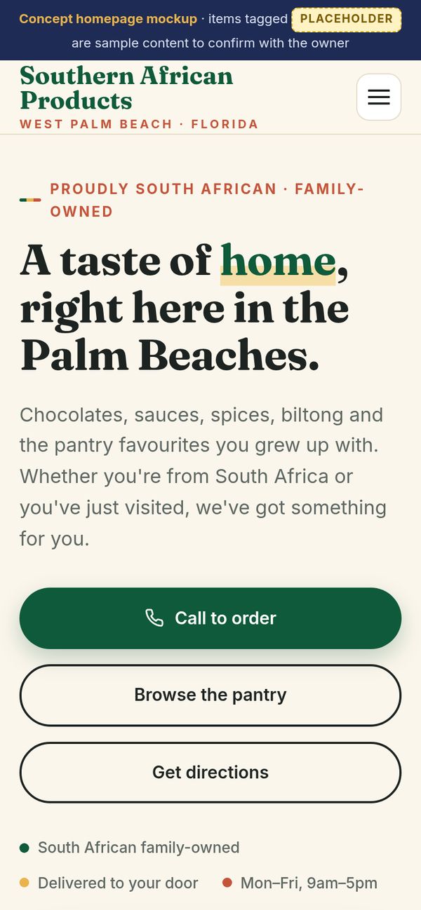 Mobile view of the Southern African Products homepage concept