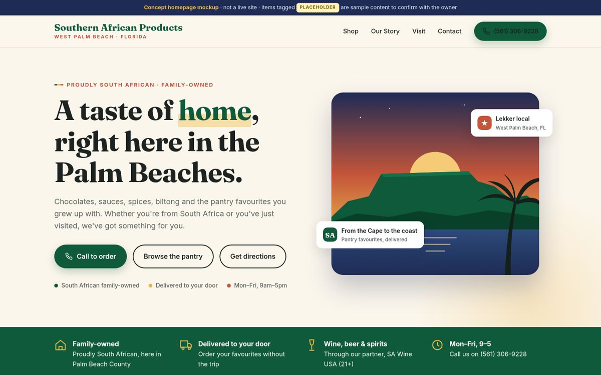 Desktop view of the Southern African Products homepage concept