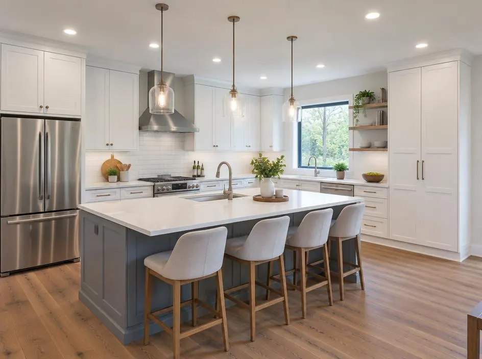 Kitchen with recessed and pendant lights