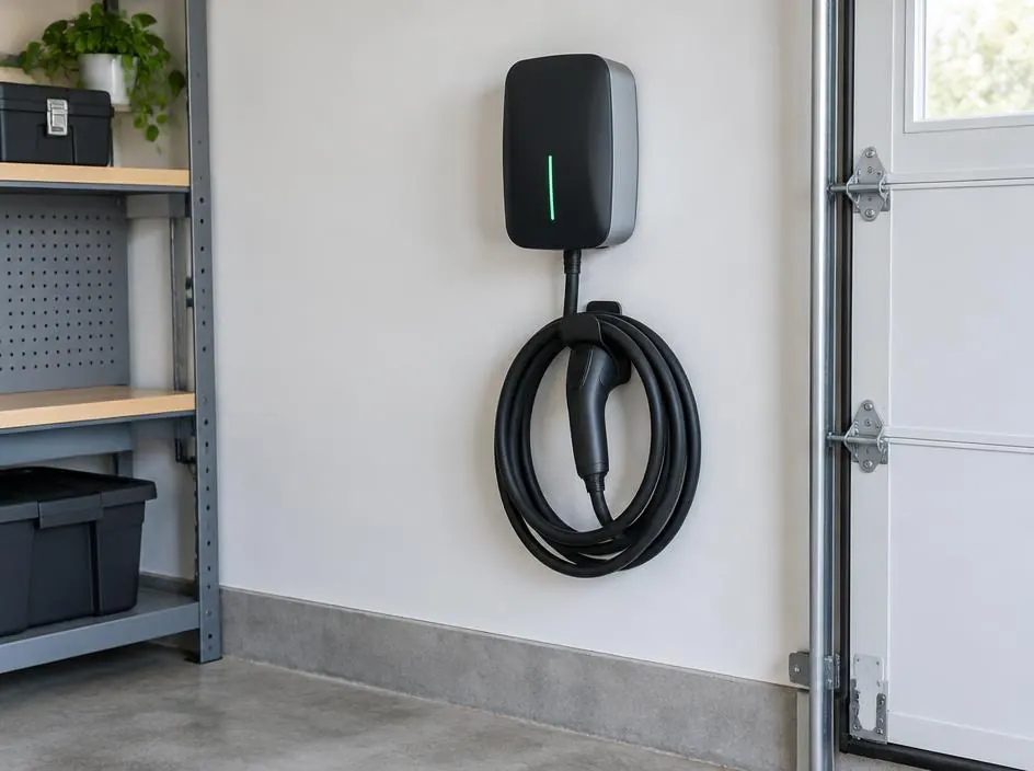 Wall-mounted EV charger in a garage