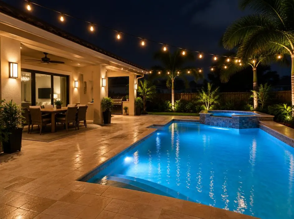 Backyard patio and pool lit at night