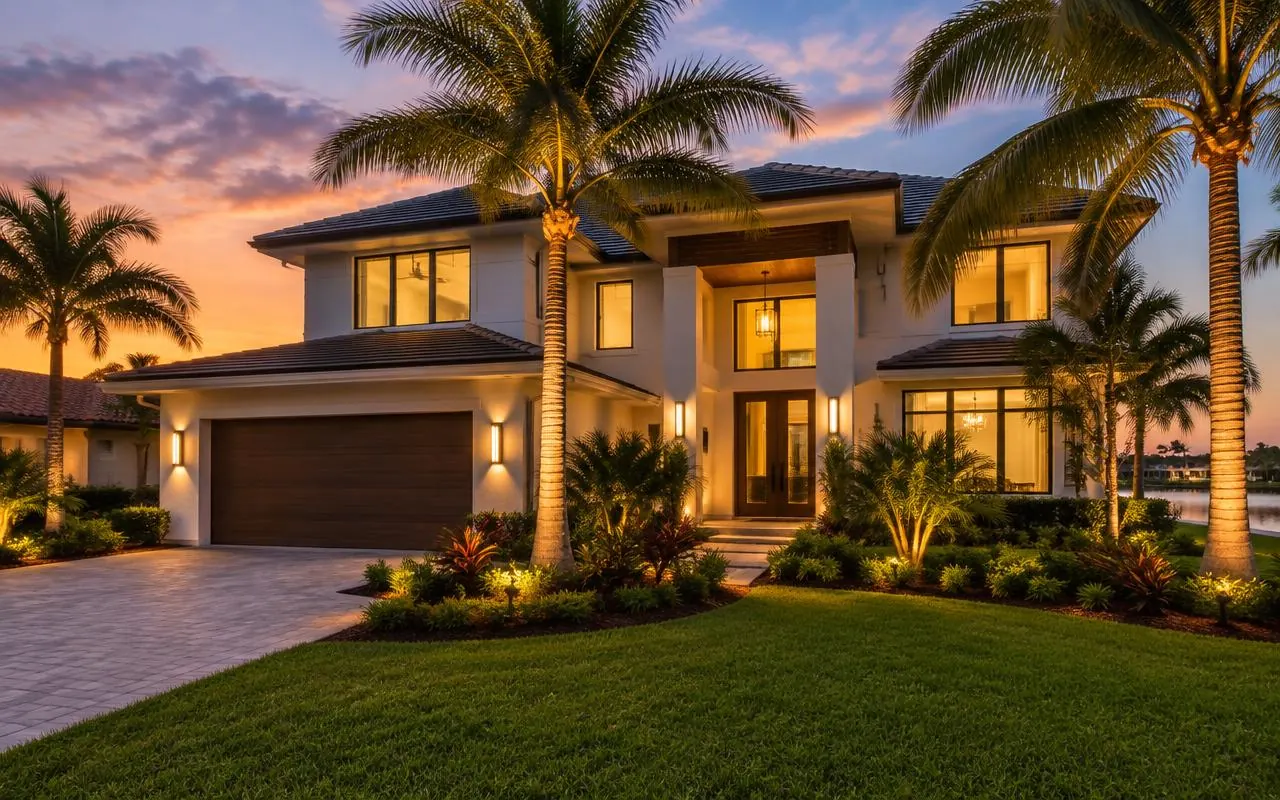 Florida home at dusk with warm exterior lighting