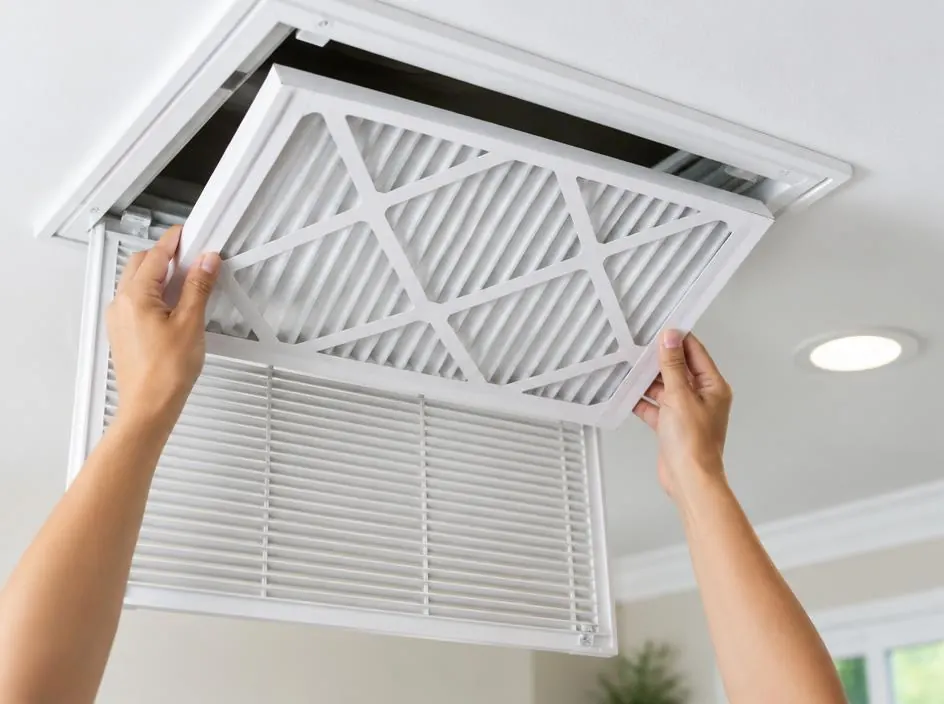 Fresh air filter being fitted into a ceiling vent