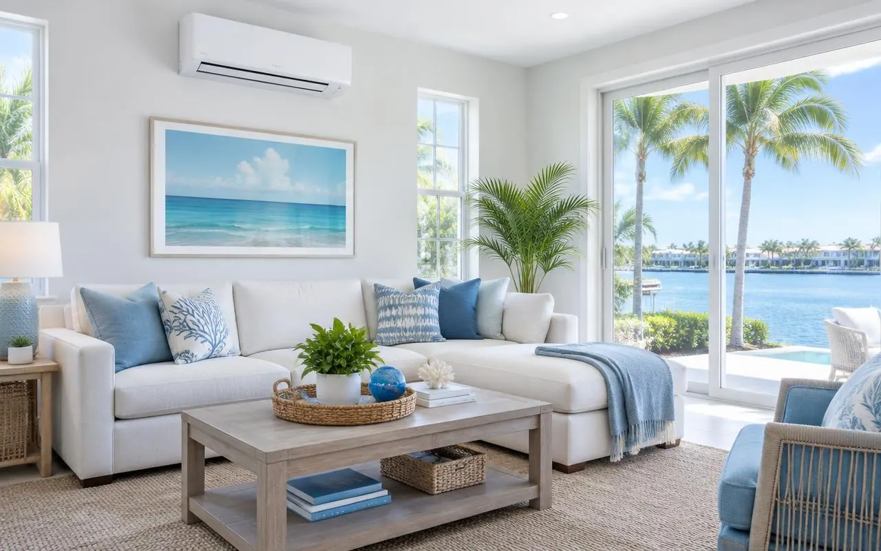 Cool bright living room with a wall-mounted mini-split