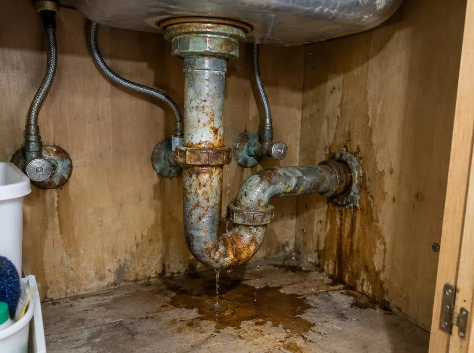 Before: under-sink pipes