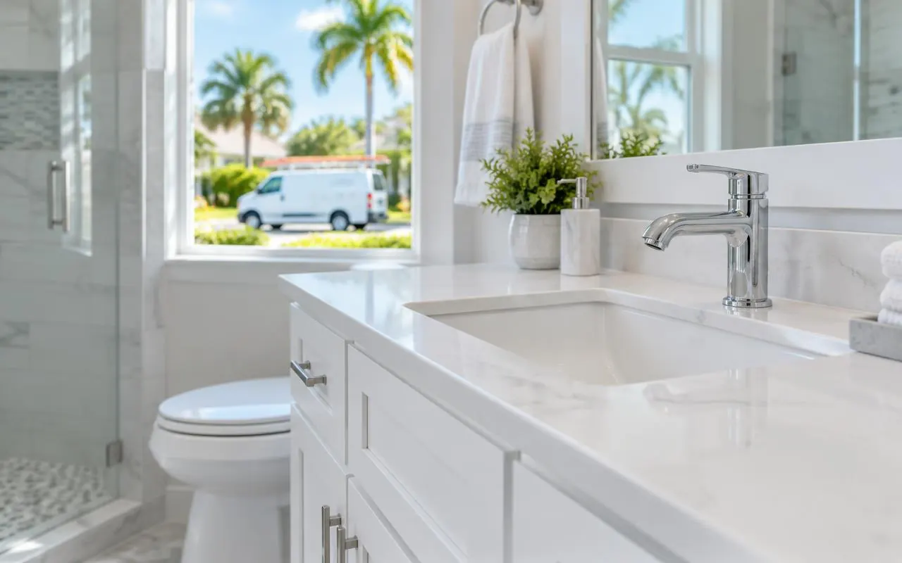 Bright bathroom with a newly installed chrome faucet